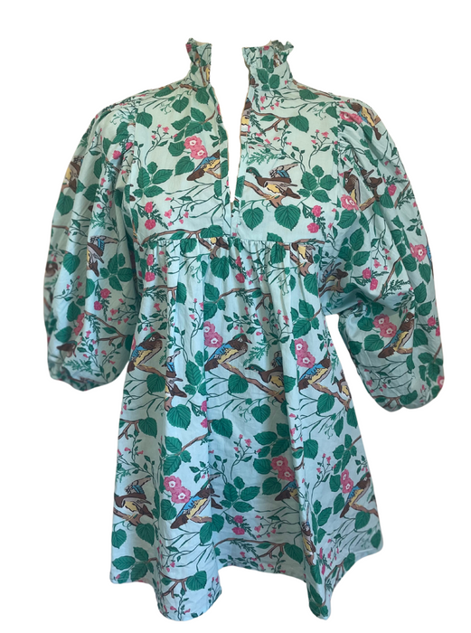 Balloon Blouse - Wood Duck Floral | With Ruffle Mandarin Collar & V-Neckline