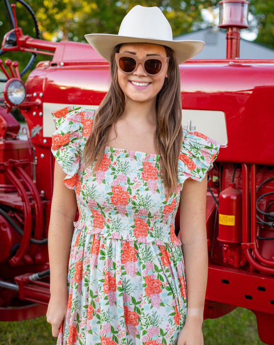 Country Couture Midi Dress - Orange Floral Chintz | Western & Preppy Elegance