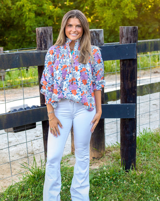 Prairie Popover Top - Purple Floral Chintz | Elegant Smocked Blouse